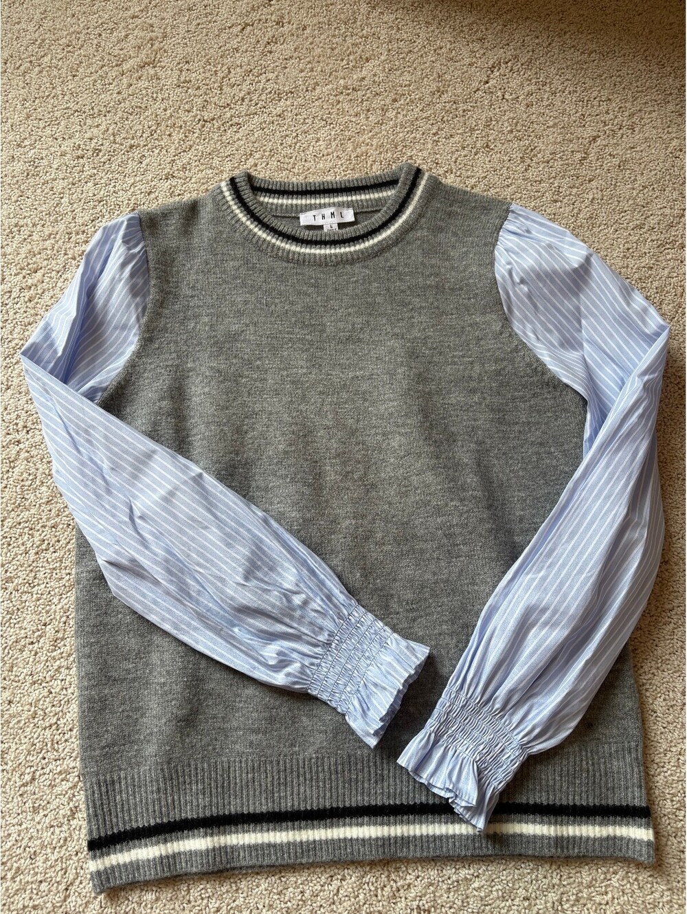 THML Women's L Gray Mixed Media Sweater Blue Striped Balloon Sleeve Preppy